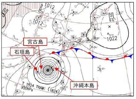 　　　　　　　　　2018年9月2日午前9時の実況天気図（沖縄気象台資料に筆者加工）