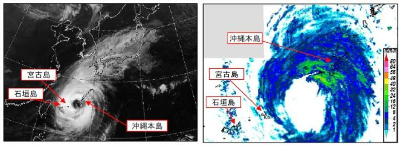 （左）2018年9月29日午前9時の衛星画像、（右）気象レーダー（降水強度）2018年9月29日午前7時00分（沖縄気象台資料に筆者加工）