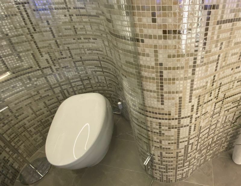 壁面がすべてモザイクタイルで仕上げられたトイレ。曲線に沿って、見事にタイルが張られている。筆者撮影