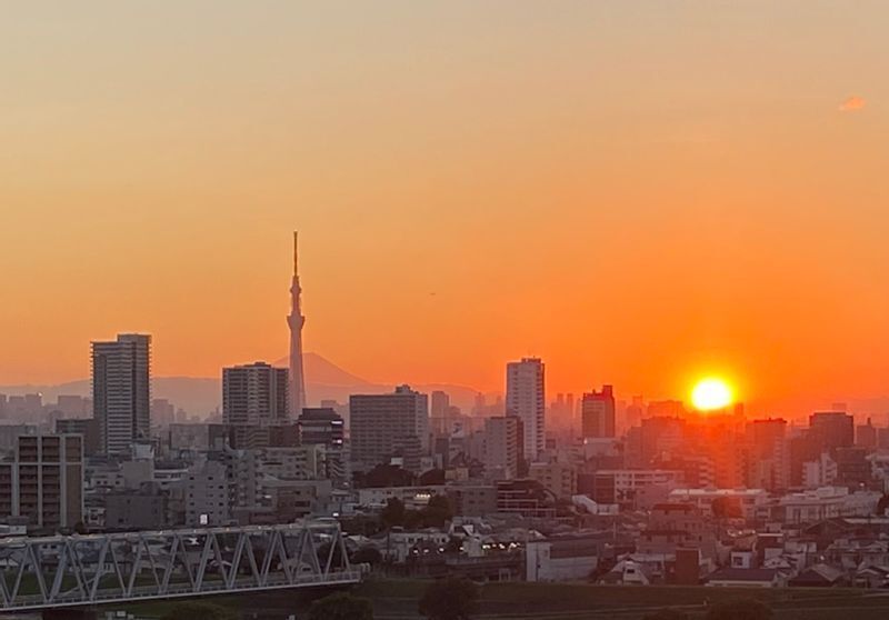 スカイツリーの後ろに富士山のシルエットが浮かぶ夕景。千葉県市川市内で販売中のマンションで筆者撮影