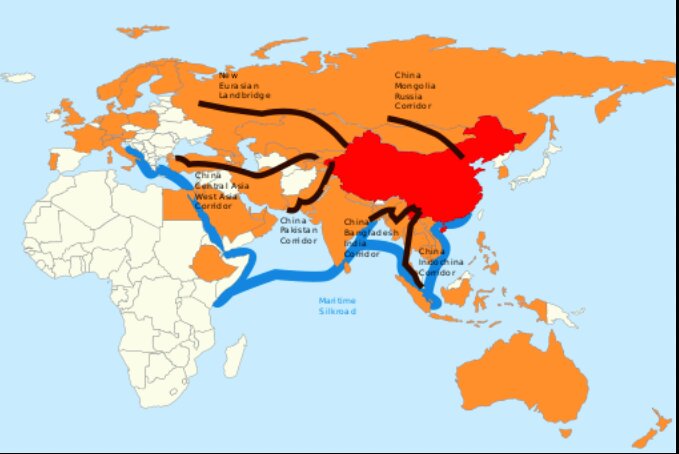 一帯一路構想。黒の６つのルートが陸のシルクロード、青が海のシルクロードと呼ばれる。オレンジは中国が主導するアジアインフラ投資銀行(AIIB)の参加国。Wikipediaより