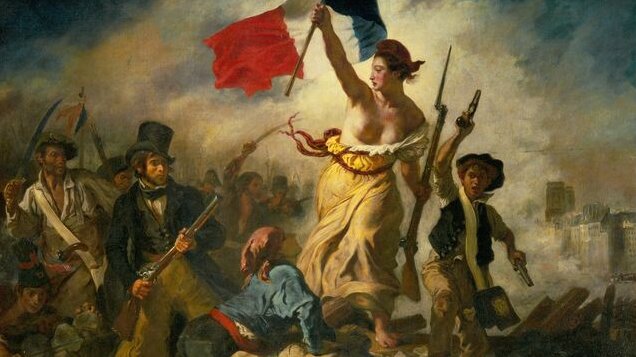 ドラクロワ３２歳の時の作品。フランスの象徴マリアンヌは「解放と自由」を意味する赤いボンネットをかぶっている。