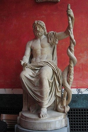アスクレピオスの彫像。蛇ともども雄々しい印象の像だ。Wikipediaより。以下同