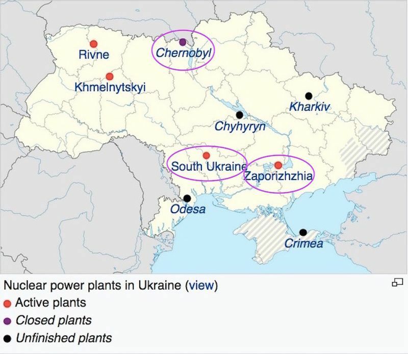 Wikipedia「Nuclear power in Ukraine」より。Yakiv Gluck作。丸印は筆者による