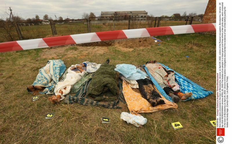 4月20日、ウクライナのボロディアンカの町で、集団墓地で6人の遺体と、数メートル離れた所に3人の遺体が発見された。