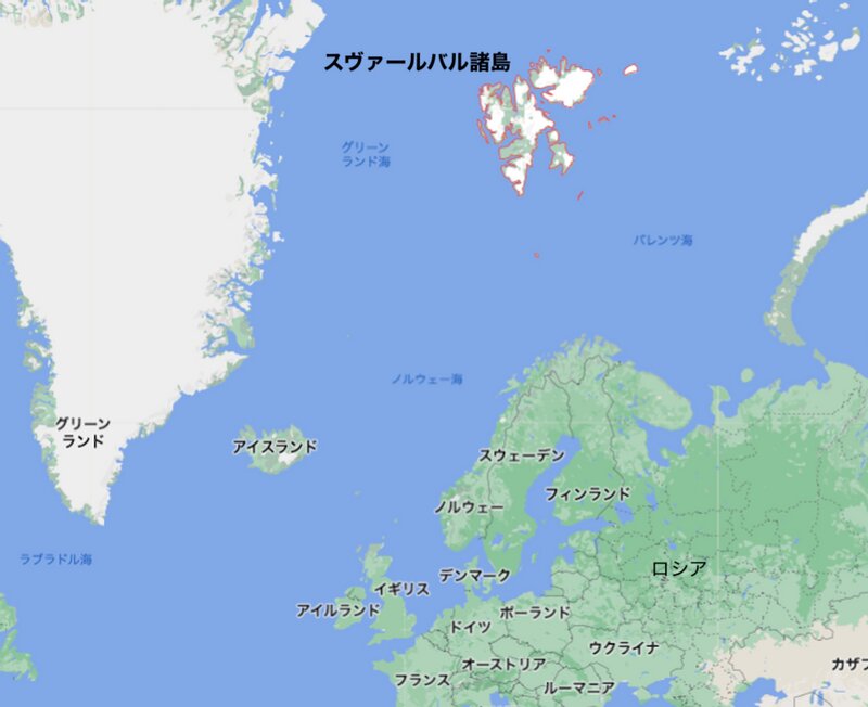 ノルウェーの首都オスロから、飛行機で約3時間の距離である。GoogleMap上に筆者が加筆