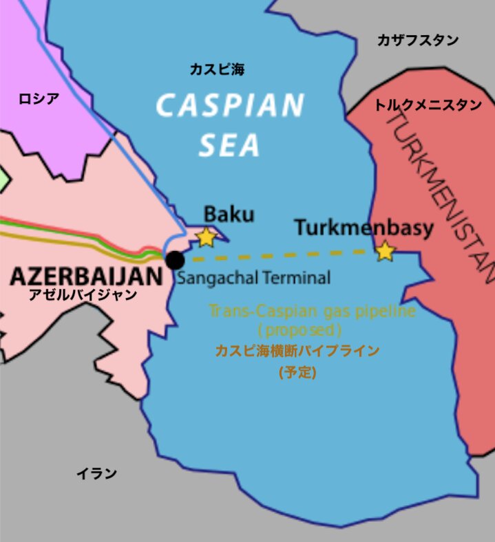 SCPを更に延長してカスピ海の地底を渡り、トルクメニスタンに届くパイプラインが「カスピ海横断パイプライン」の予定である。WIkipediaよりThomas Blomberg作。日本語は筆者による。