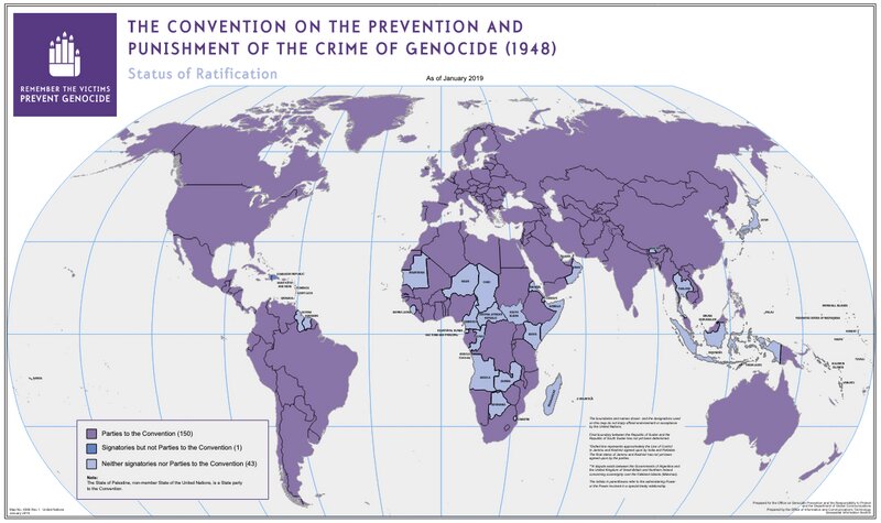 紫色は署名・批准している国。青（見えない）は署名したが批准していない国、日本を含む薄い藤色は、署名も批准もしていない国。2019年1月作成図（最新ではない）。国連ジェノサイド条約オフィスのページより。