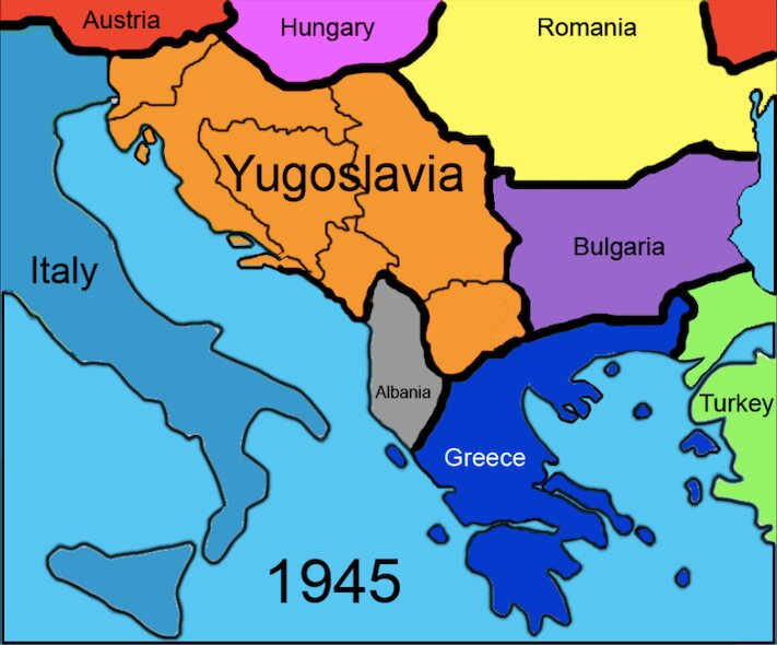 ユーゴスラビア社会主義連邦共和国は、第二次大戦後から1992年まで存在した国。オレンジ部分。後に分裂して複数の独立国がうまれる（この地図にはコソボは入っていない）。Wikipedia・Esemono作