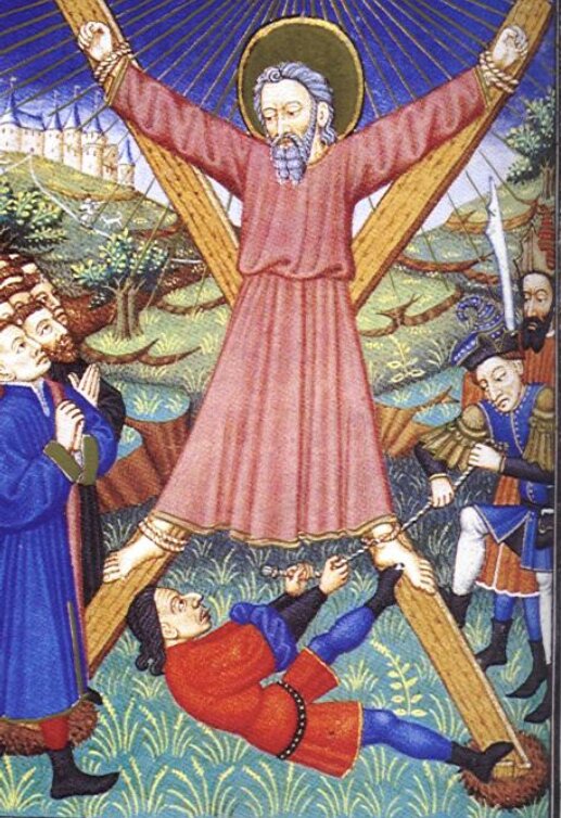 「聖アンデレの殉教」。X型の十字架にかけられたとされるため、Xのデザインはこの聖人を表すようになった。Wikipedia.frより。作者製作年不詳。