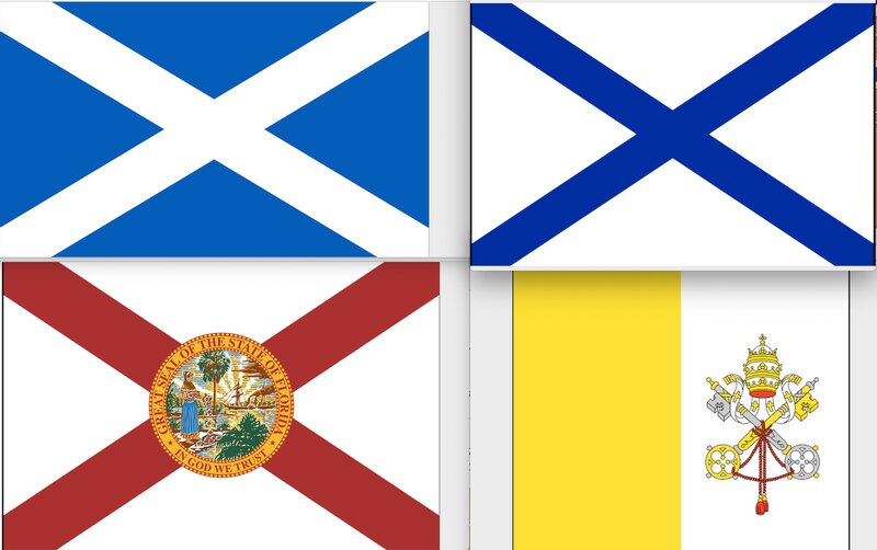 この聖人をあらわす旗や紋章は大変多い。一部を紹介しよう。左上：スコットランド旗、右上：ロシア海軍の聖アンドレイ旗、左下：アメリカのフロリダ州旗、右下：バチカン市国国旗。