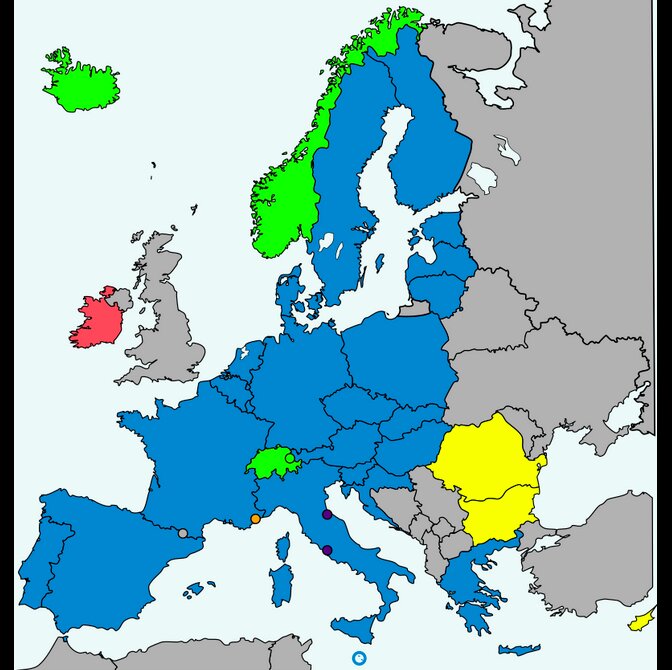 青：EU加盟国でシェンゲン参加国。緑：EU加盟国ではないがシェンゲン参加国。赤：EU加盟国なのにシェンゲンには参加していない国。黄：EU加盟国で、今後シェンゲンに参加が義務の国。Wikipediaより