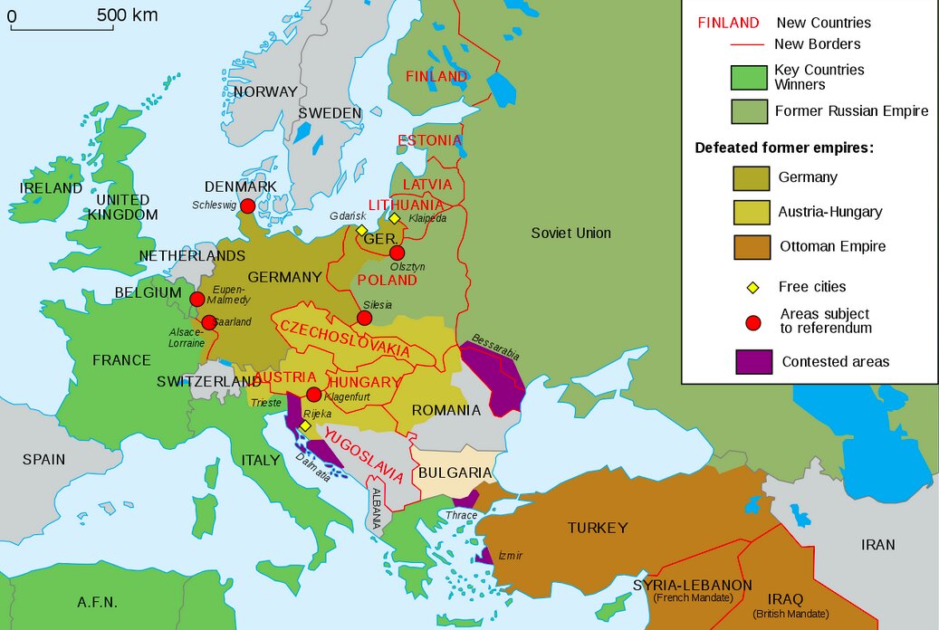 ベルサイユ条約後、1923年の欧州と西アジア。Map_Europe_1923-fr.svg、wiki.enより。