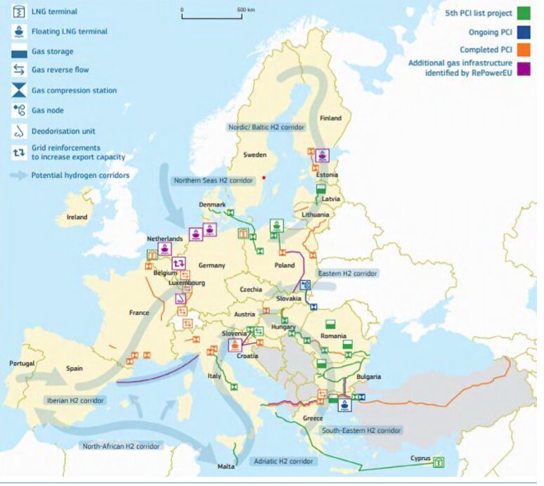 潜在的な水素供給回廊、欧州委員会、RePowerEU コミュニケーション行動計画より。2022年5月。