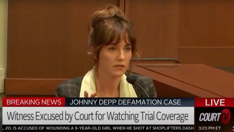 証言のためにヴァージニアの裁判所に出廷したが、裁判の中継をオンラインで見ていたことが指摘され、ジーナ・デュータースは途中で退席を求められた（CourtTV）