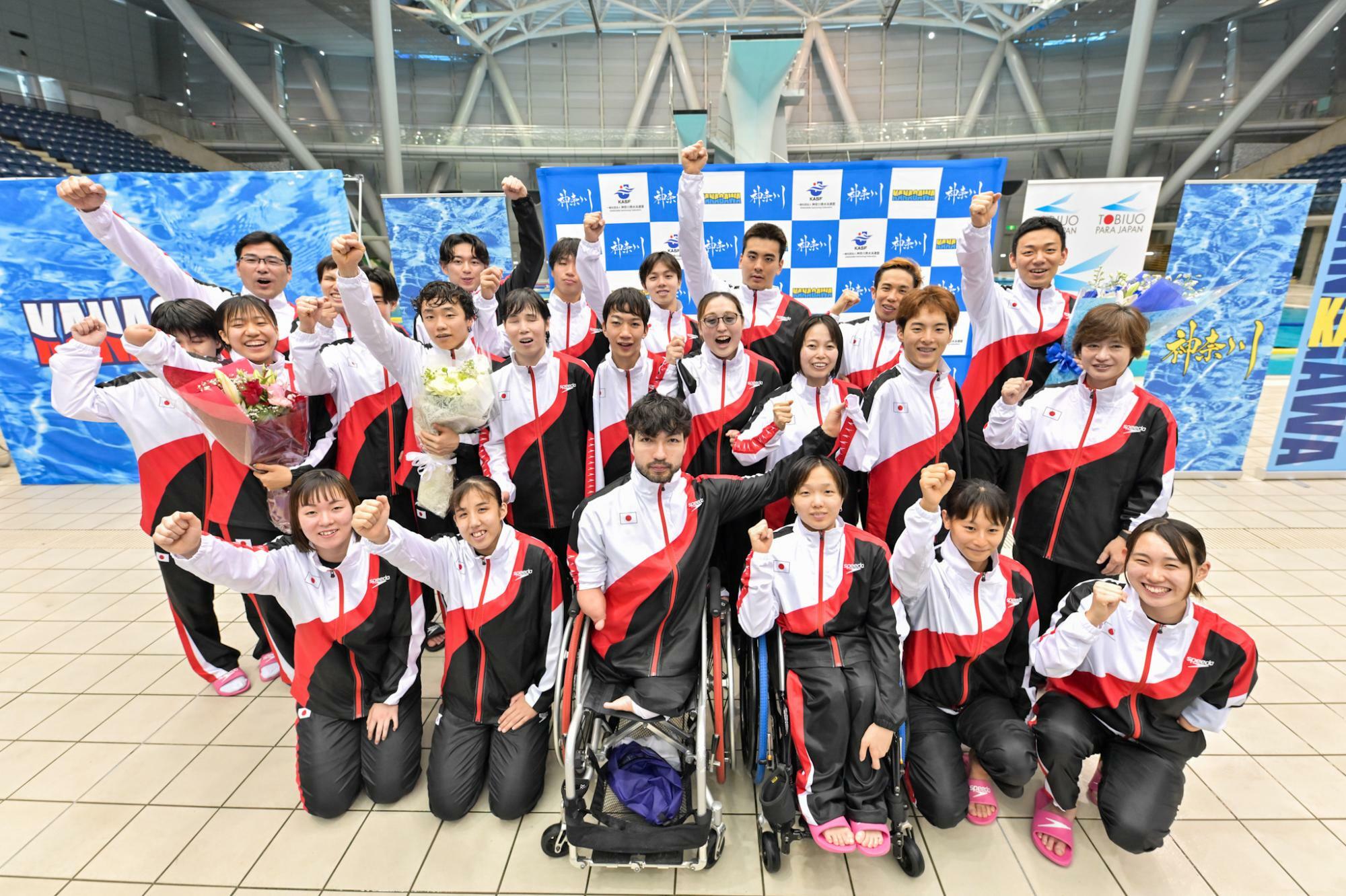 7月14日、競技の合間にパリ2024パラリンピック日本代表22名の壮行会が行われた。　写真・山下元気