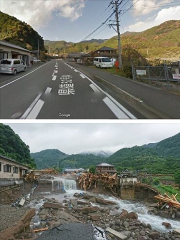 福岡県東峰村。被災前の道路が一夜でえぐられて変貌し、生活が、命が奪いさられました。写真：PBV提供