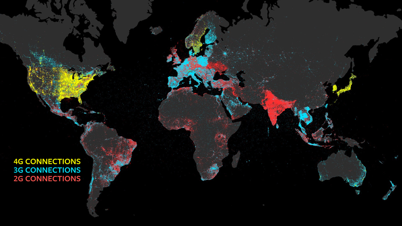 赤が2G、青が3G、黄色が4G。無色は接続環境がない地域を表すカバレッジマップ（Facebook)