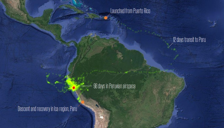 気球はペルー上空で98日間滞留(Google)