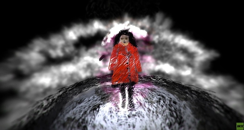 VRの中で表現された白黒世界の中に出てくる赤いコートを着た少女（RTのVRより）