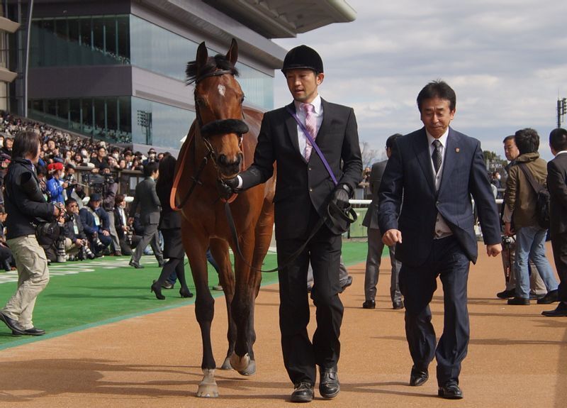 新馬勝ちした際のビッシュ。曳いているのが成田で向かって右は鹿戸