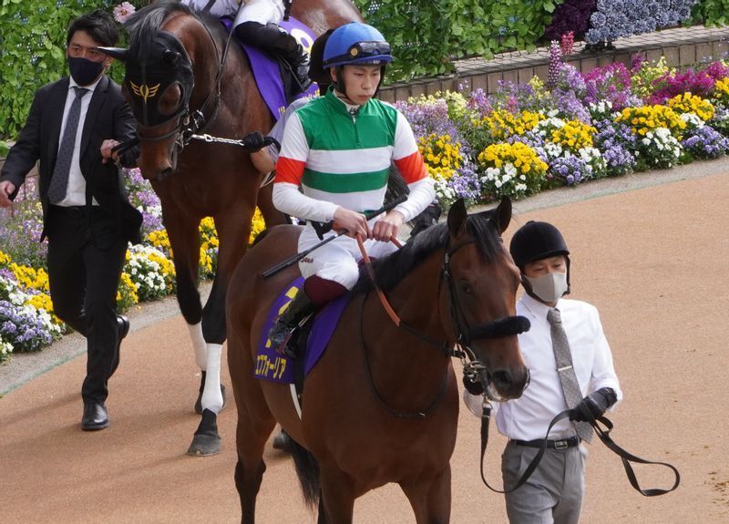 皐月賞のパドックでのエフフォーリアと横山武史。曳いているのが成田