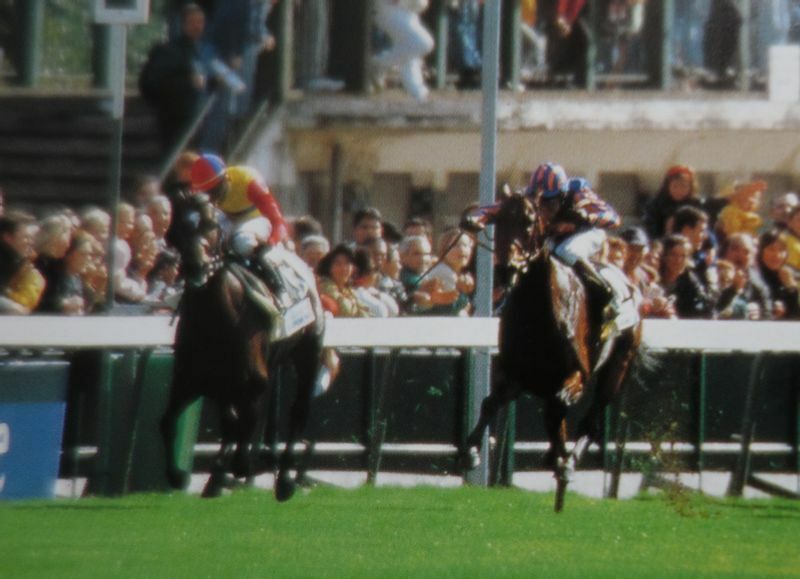 蛯名騎手を背に果敢に逃げたが2着に惜敗した1999年凱旋門賞（ＧⅠ）でのエルコンドルパサー（左）
