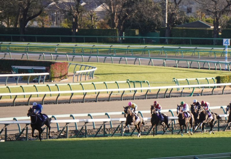 有馬記念、1周目のスタンド前。離れた2番手を進むのがタイトルホルダー(桃帽)で、ディープボンドは更にその後ろ(右端の赤帽)