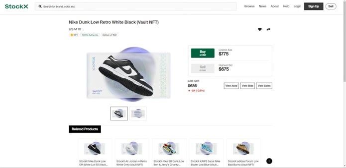 Vault NFTsが販売されているStockX社のウェブページの例（訴状より）
