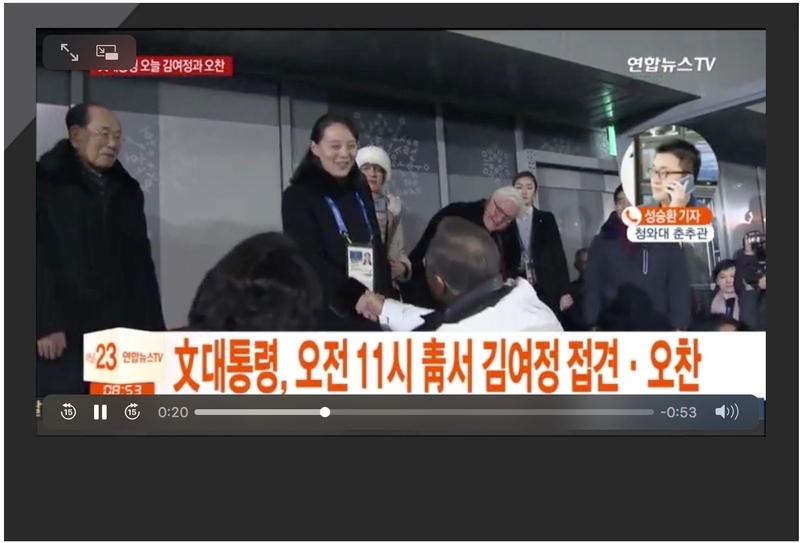 開幕式で金与正氏と握手する文在寅大統領。下からの握手は韓国大統領として、非常に珍しい光景だ。写真は聯合ニュースTVよりキャプチャ。