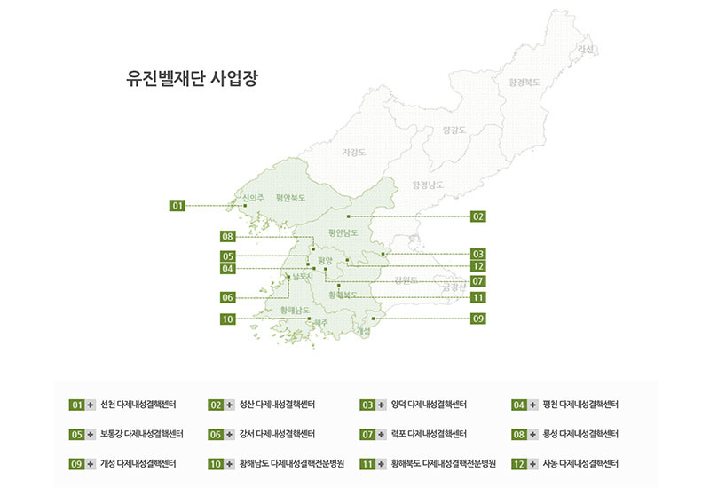 ユージンベル財団が北朝鮮で運営している治療施設の一覧。同財団HPより引用。