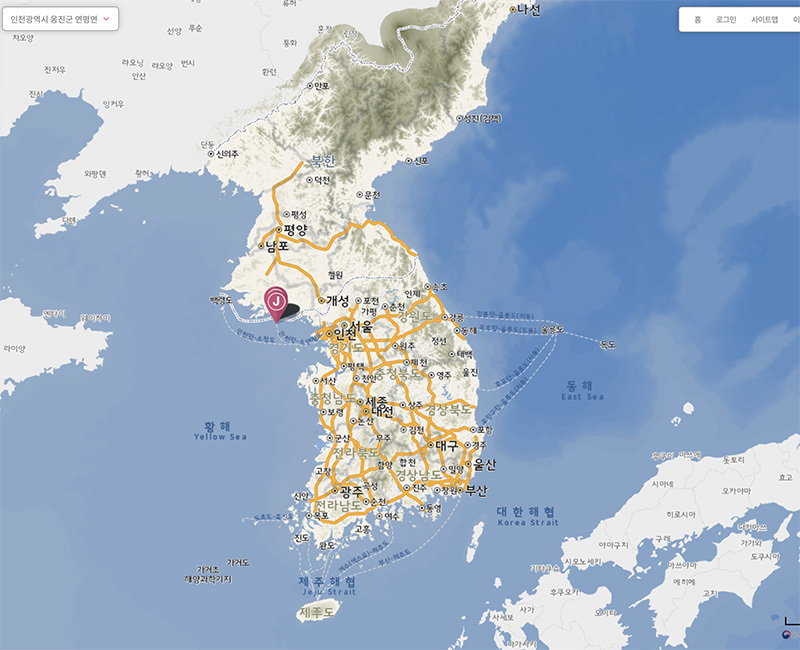 赤い標識が21日、A氏が失踪した地域。韓国政府運営の地図サイトより筆者加工。