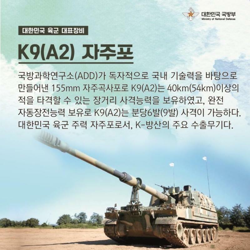 韓国国防部のHPでは『2023連合・合同火力撃滅訓練』に参加する装備をしている。写真はK9自走砲。韓国国防部より引用。