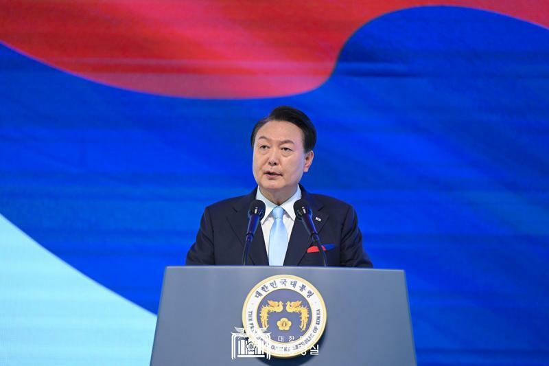 確信に満ちた表情で演説する尹錫悦大統領。写真は韓国大統領室提供。