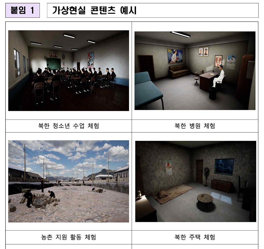 実際の画面。左上から時計回りに「北朝鮮の青少年の授業体験」、「北朝鮮の病院体験」、「北朝鮮の住宅体験」、「農村支援活動の体験」となる。統一教育院資料より引用。
