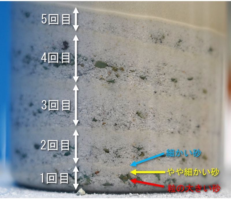 砂をパスタケースに5回投入し、できた地層を横から観察した様子