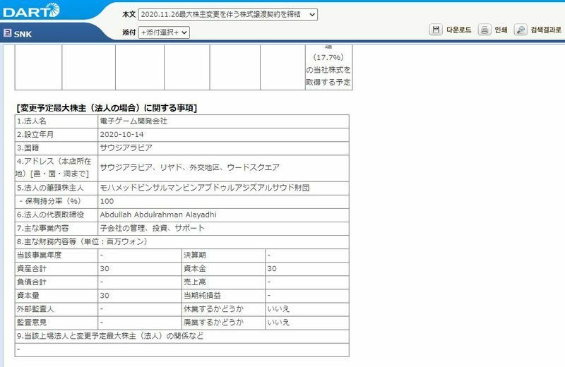 韓国金融監督院 電子公示システムのサイトに公開された、MiSK財団の株式取得に関する情報