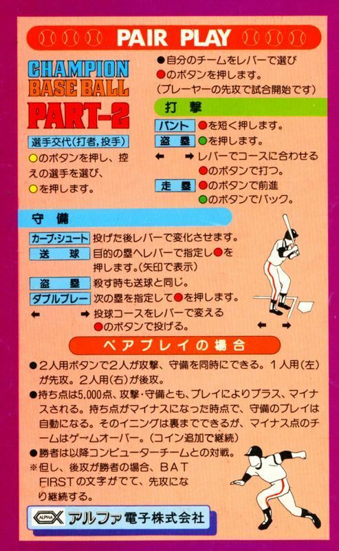 「チャンピオンベースボール パート2」のインストカード（※A.M.P.GROUPビデオゲームライブラリー提供）