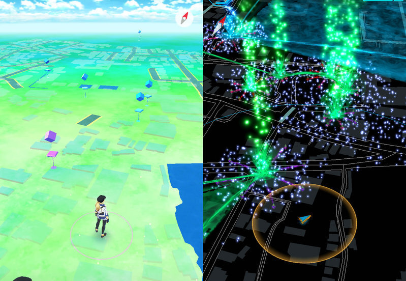 ポケモンGO（左）とIngress（右）は同じ地図データが使われている。筆者キャプチャ