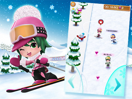 スキーで競争するゲーム『みんなでハッピーゲレンデ』 (c)DeNA Co.,Ltd.2014 / (c)2014 iNiS