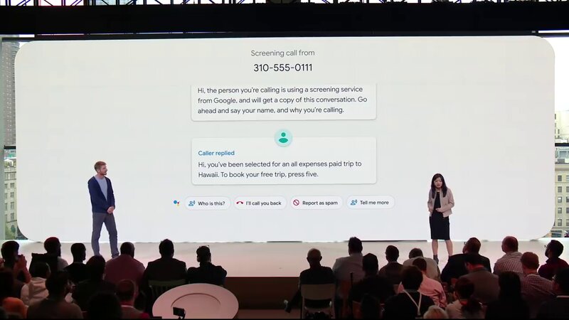 発表された「Call Screen」機能。ユーザーは様々な選択肢から対応を選べる。「Made by Google 2018」より筆者キャプチャ