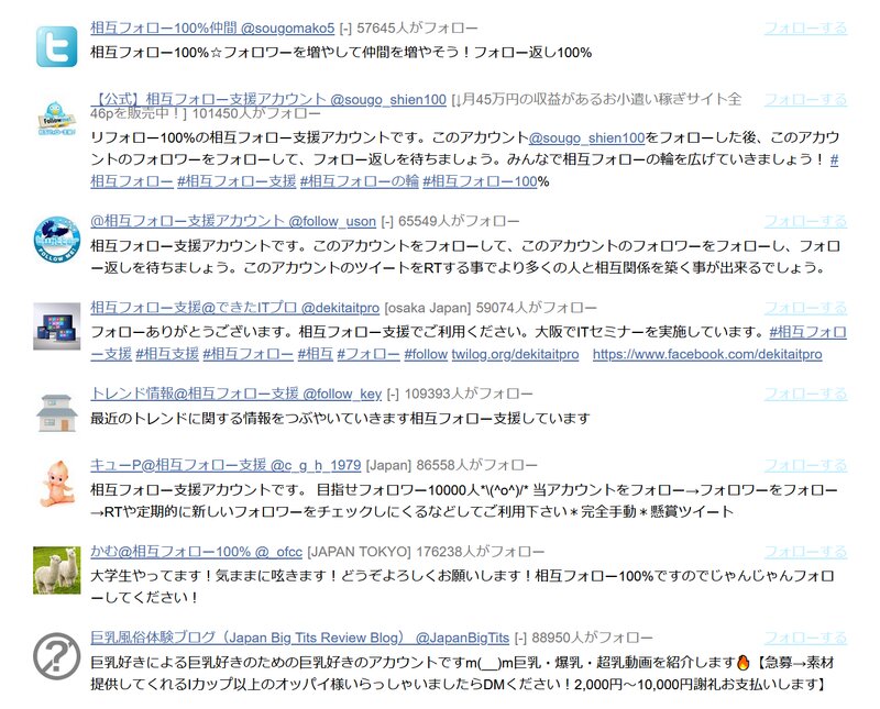 山口壯氏のフォロー履歴。問題のアカウントフォロー時に相互フォロー系アカウントを連続でフォローしていることがわかる。「ツイプロ」より筆者キャプチャ