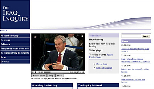 英イラク戦争検証委員会のウェブサイト。ブレア元首相らの証言動画も公開している。
