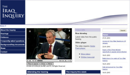 英イラク戦争検証委員会のウェブサイト。ブレア元首相も呼び出され追及された。
