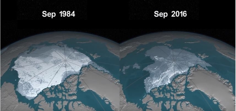 北極の海氷の変化（1984年と2016年）。[https://www.youtube.com/watch?v=Vj1G9gqhkYA&feature=youtu.be NASA発表の動画]より。