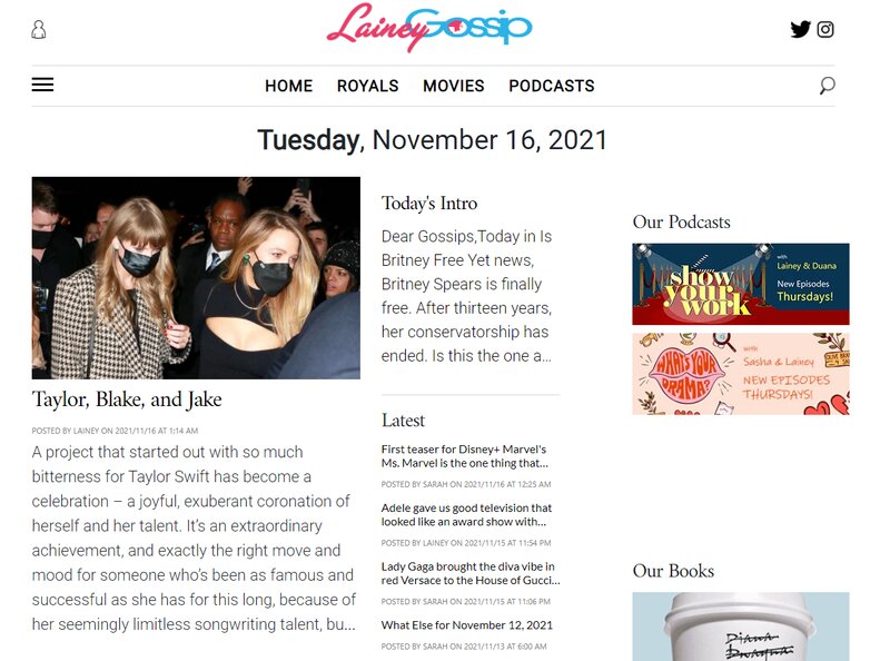 アメリカのゴシップサイト・”Lainey Gossip”のトップページ。