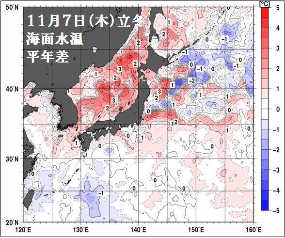 日本付近の海面水温（平年差）