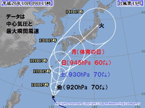 台風１９号の予報円（９日１５時発表）