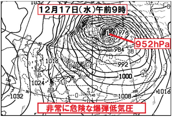 昨年１２月１７日の爆弾低気圧時の予想天気図