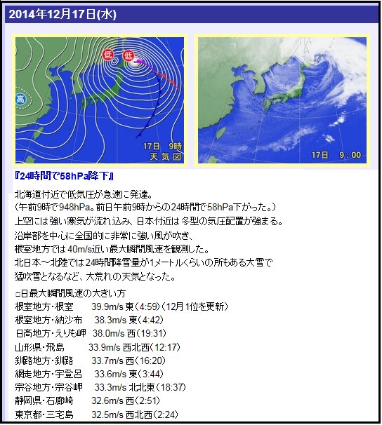 昨年１２月１７日の天気図や気象状況